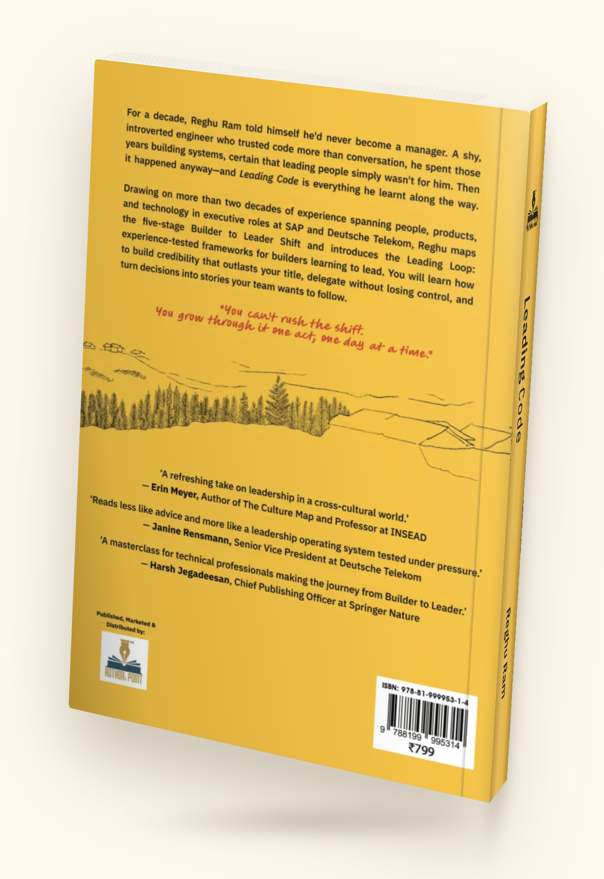 Back cover of Leading Code, with the synopsis, three endorsement quotes, ISBN, barcode, and price.